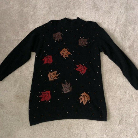 Vintage Sweater Evan Davies Lambs‎ Wool Angora Rabbit Hair Leaves Granny Core - Picture 2 of 13